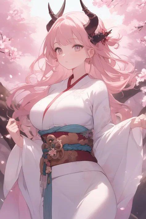 (1girl, kimono), horned, blooming, cherry blossoms, big breasts, traditional, Japanese, elegant, peaceful, spring, pink, white, floral, delicate, serene, nature, culture, fashion, youthful, graceful, ornate, stylized, vibrant, pastel, ethereal, whimsical, ...