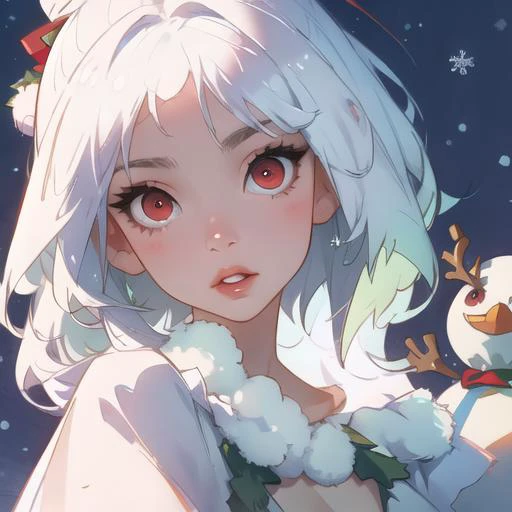 (masterpiece),(high quality), white hair, red eyes, looking at viewer, sunlight, christmas, snowman