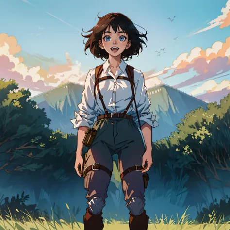 ((best quality)), ((masterpiece)), (high res), (ultra-detailed), (intricate detail), (hyper detailed), (1girl),  white button up shirt, black chinos, black belt, medium length hair, black hair, deep blue eyes, brown double strap harness belt, black boots, ...