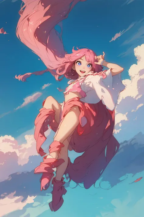 (best quality, masterpiece), highly detailed, 8k, 
(1girl),sunny, happy, cute,(full body),very long pink hair, cloudy sky, two side up, 
beautiful detailed eyes, beautiful detailed face,