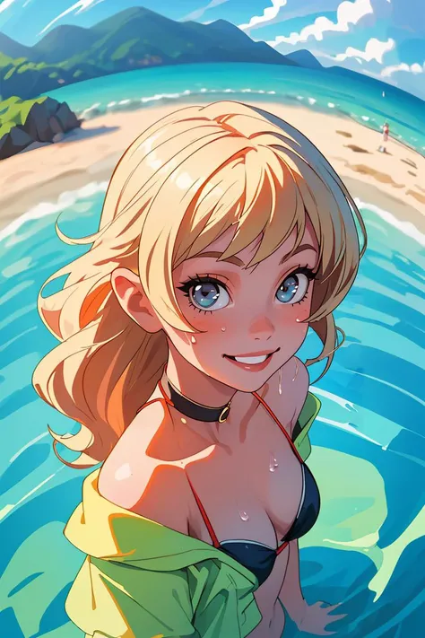 (best quality, masterpiece), 1girl, bikini, upper body, looking at viewer, twisted torso, choker, beach, selfie, smile, from above, wet, in water, frilled off shoulder, fisheye lens, blonde, blurry background,