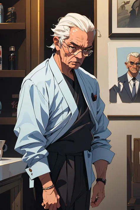 (best quality, masterpiece), old man, looking down, yakuza