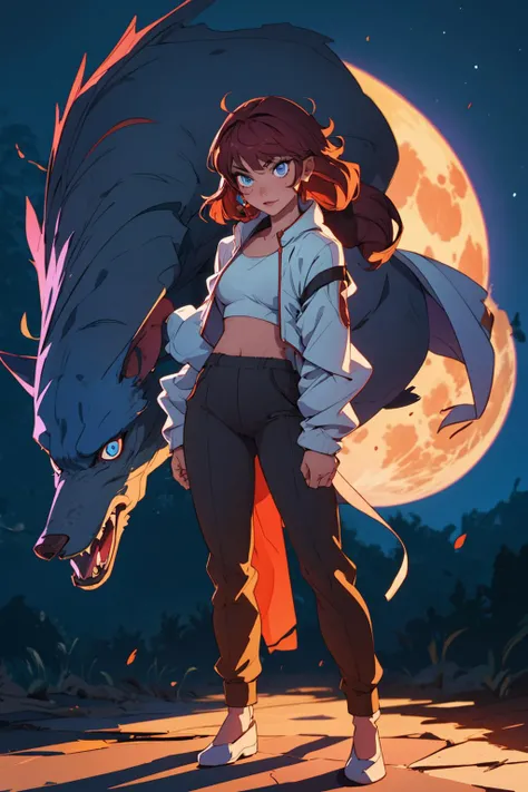 An amazing illustration of a 20 yo sexy werewolf in full moon night, slender figure, air of confidence, blue eyes, night, best shadow, evil, intricate background, magic, best shadow, masterpiece, detailed clothes