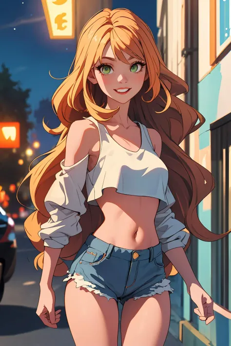 (best quality, masterpiece), 1girl, ginger blonde long hair, smiling, blurry background, crop top, ripped short jeans, night, street