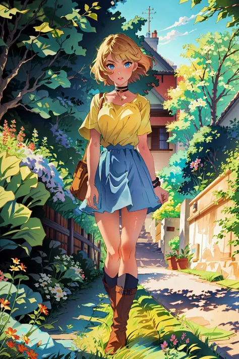 (masterpiece, best quality, solo:1.3, girl:1.2), girl in garden, flower, choker, short skirt, short T-shirt, boots, blue eyes, blond hair, flirt