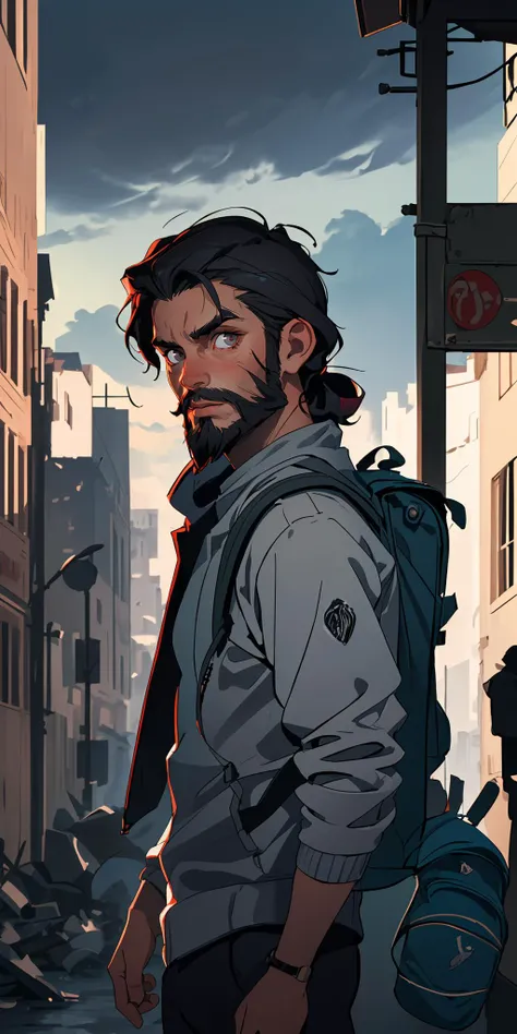 (best quality, masterpiece), 1boy, traveler, destroyed city, upper body, dark mood, beard, backpack, jumper, looking at viewer,