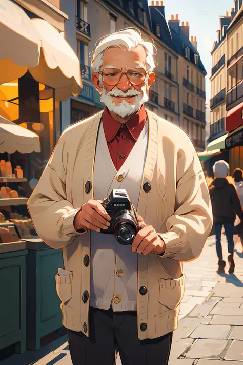 (masterpiece, best quality), old man, beard, blonde, oversized shirt, happy, street, holding camera, open cardigan, blurry, paris