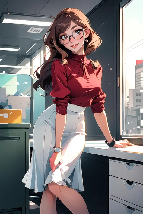 (best quality, masterpiece), 1920-s office, warm light, (1920-s:1.2), wavy hair, a girl, office lady, white skirt, glasses