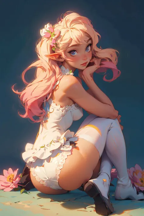 anime, 1girl, cage, solo, pointy ears, underwear, panties, white thigh-highs, looking at viewer, multicolored hair, gradient hair, elf, ass, dress, long hair, birdcage, blonde hair, flower, bangs, pink hair, no shoes, hair ornament, hair flower, bare shoul...