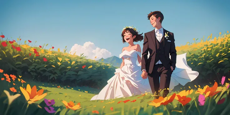 (best quality, masterpiece), (couple), flower field, cinematic light, honeymoon photo, happy,