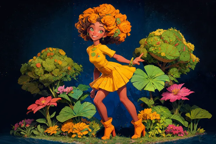 (A girl of African descent holding a bouquet of flowers and smiling in a brightly lit garden The garden is filled with lush greenery and vibrant flowers The girl wears a yellow sundress that matches the flowers in her bouquet, and her hair is styled in a c...