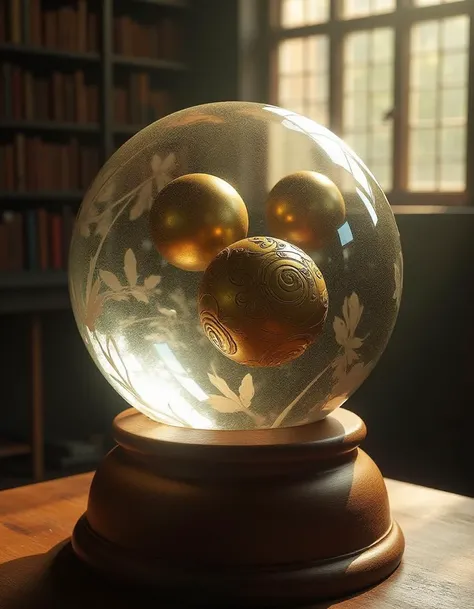 a glass sphere on a wooden stand
the glass sphere is etched with a leaf pattern
inside the sphere are 3 brass spheres, the brass spheres are floating in the middle of the glass sphere
the brass spheres are ornately carved with spiral patterns
the glass sph...