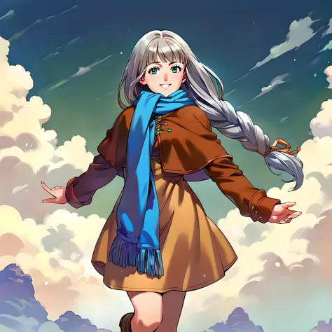 <lora:pony_xl_Lenneth:0.9>,Lenneth,score_9,score_8_up,score_7_up,source_anime,1girl,solo,dress,long sleeves,blue scarf,scarf,capelet,brown footwear,smile,:d,cowboy_shot,looking_at_viewer,