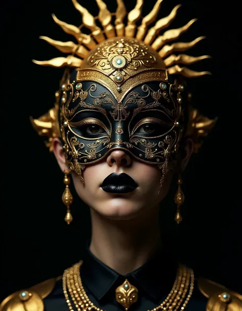 hyperrealistic art The image shows a man wearing a mask made in a fantasy or avant-garde style. The mask is black in color and decorated with gold elements such as chains, beads and decorative details that create an intricate and sophisticated pattern. The...