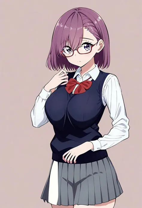 1girl, solo,amano_ririsa, purple eyes, purple hair, short hair, bangs, school uniform, bowtie, white shirt, sweater vest, long sleeves, pleated skirt, gray skirt, <lora:nitengojigen_amano_ririsa_pony_ver1:0.8>, ,,,,,,,,, ,,,,,,,,,,,,,,,,anime coloring, ani...