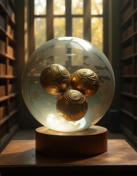 a glass sphere on a wooden stand
the glass sphere is etched with a leaf pattern
inside the sphere are 3 brass spheres, the brass spheres are floating in the middle of the glass sphere
the brass spheres are ornately carved with spiral patterns
the glass sph...