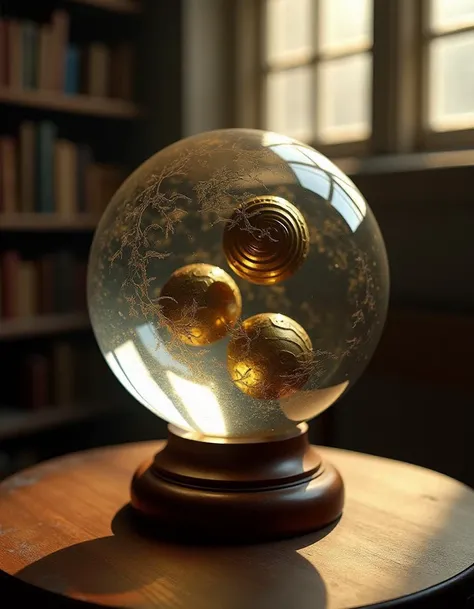 a glass sphere on a wooden stand
the glass sphere is etched with a leaf pattern
inside the sphere are 3 brass spheres, the brass spheres are floating in the middle of the glass sphere
the brass spheres are ornately carved with spiral patterns
the glass sph...