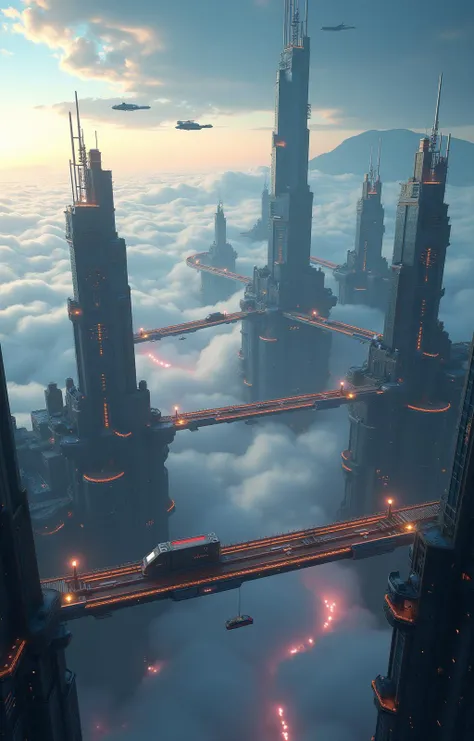 Space city of the future: A metropolis hovering above the clouds. Glass and steel buildings connected by glowing bridges. Flying cars and spaceships fly past skyscrapers. In the distance, a giant space elevator is visible, going into space. The atmosphere ...