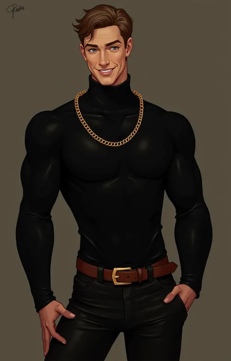 super-fine detail, secret agent, black turtleneck sweater, leather belt, gold chain, smiling, hands on hips, sly smile 