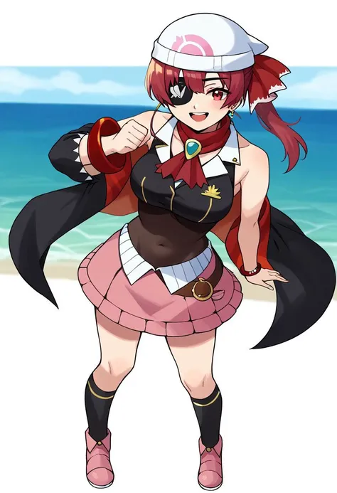 score_9, score_6_up, source_anime, 1girl, solo, full body, ocean, marine_pirate, hair ribbon, red ascot, red skirt, belt, leotard under clothes, covered navel, black leotard, sleeveless, black thighhighs, black coat, pirate hat, eyepatch, red eyes, smile <...