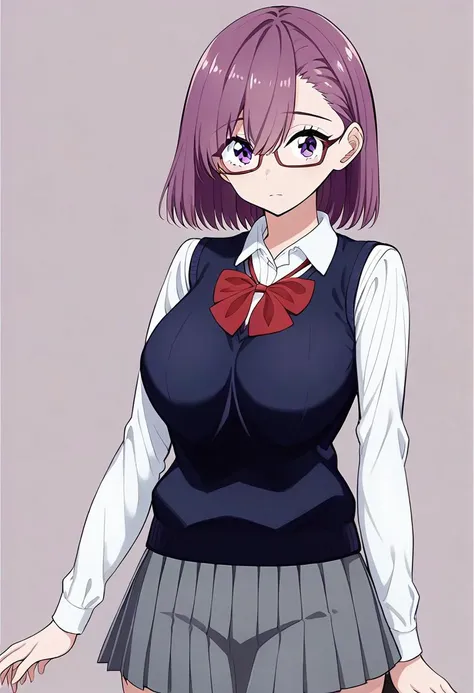 1girl, solo,amano_ririsa, purple eyes, purple hair, short hair, bangs, school uniform, bowtie, white shirt, sweater vest, long sleeves, pleated skirt, gray skirt, <lora:nitengojigen_amano_ririsa_pony_ver1:0.8>, ,,,,,,,,, ,,,,,,,,,,,,,,,,anime coloring, ani...