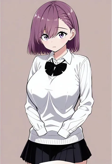 1girl, solo,amano_ririsa, purple eyes, purple hair, short hair, bangs, school uniform, bowtie, white shirt, sweater vest, long sleeves, pleated skirt, gray skirt, <lora:nitengojigen_amano_ririsa_pony_ver1:0.8>, ,,,,,,,,, ,,,,,,,,,,,,,,,,anime coloring, ani...