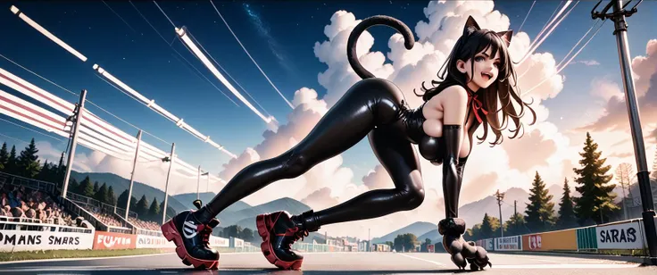 score_9, score_8_up,
1girl, solo, (from side:1.5), fullbody,
<lora:reij-suitcat:1> black latex bodysuit, black cat Paw shoes, black catears, ribbonchoker	
close up, shot from below, black  cat tail, sprint pose, black  cat Paw gloves,
 black hair, big brea...