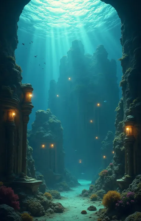 Underwater City of Atlantis: A lost city deep underwater. Buildings made of gold and coral, adorned with mythical creatures. Rays of light pierce through the waters depth, creating a play of shadows and glimmers. Sea creatures swim around, and in the dista...