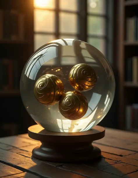 a glass sphere on a wooden stand
the glass sphere is etched with a leaf pattern
inside the sphere are 3 brass spheres, the brass spheres are floating in the middle of the glass sphere
the brass spheres are ornately carved with spiral patterns
the glass sph...