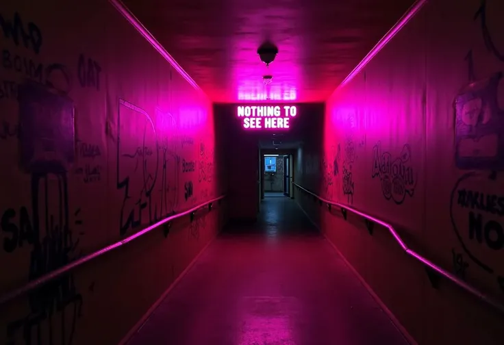 A dimly lit hallway with a vibrant pink neon sign that reads NOTHING TO SEE HERE. The walls are adorned with various graffiti-style writings and designs,  The hallway is flanked by two handrails on either side, leading to a door at the end. The floor appea...