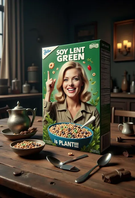 In a dark, messy room, there was an old wooden table and a cereal box. The cereal box had the name "Soylent Green" in big and clear letters at the bottom of it, followed by "is PLANT!!!." The cereal box had a picture of a 60s-style blond woman in a work su...