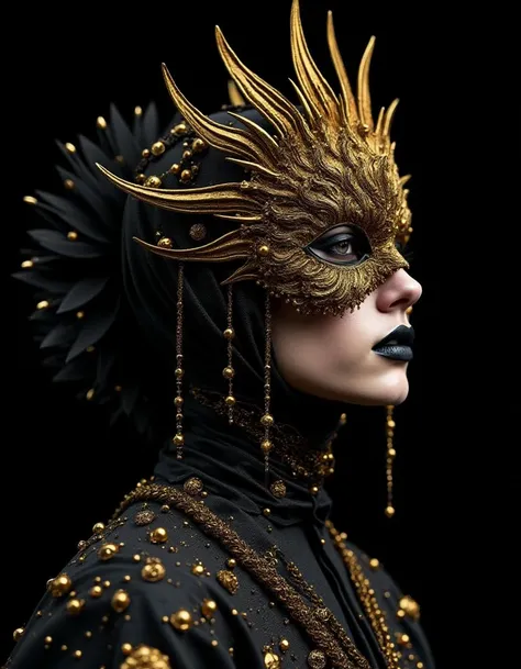 hyperrealistic art The image shows a man wearing a mask made in a fantasy or avant-garde style. The mask is black in color and decorated with gold elements such as chains, beads and decorative details that create an intricate and sophisticated pattern. The...