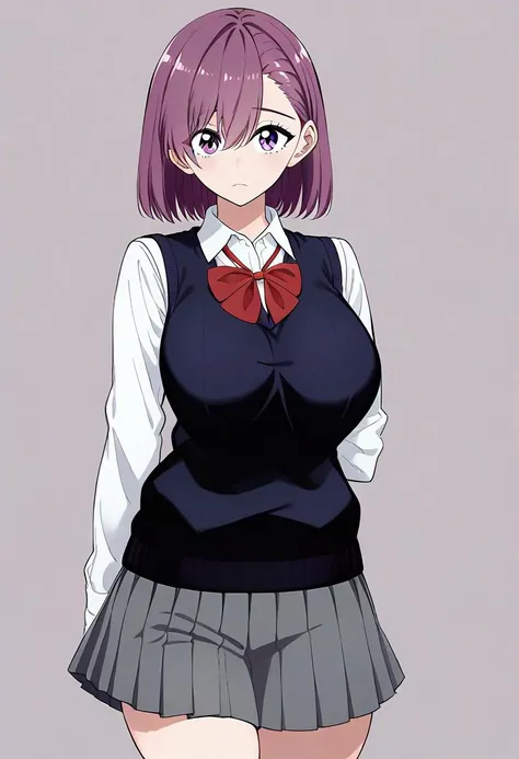 1girl, solo,amano_ririsa, purple eyes, purple hair, short hair, bangs, school uniform, bowtie, white shirt, sweater vest, long sleeves, pleated skirt, gray skirt, <lora:nitengojigen_amano_ririsa_pony_ver1:0.8>, ,,,,,,,,, ,,,,,,,,,,,,,,,,anime coloring, ani...