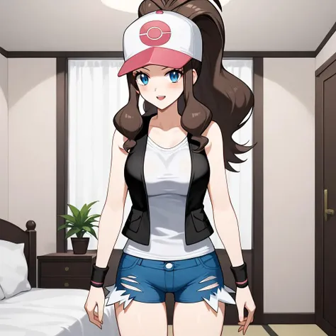 expressiveH, score_9, score_8_up, high res image, highest quality, 
 BREAK, 
1 girl, solo female,
BREAK, 
BREAK,
 standing,
BREAK,
pokemonhilda, blue eyes, brown hair, long hair, ponytail, baseball cap, blue shorts, denim, hat, shorts, vest, wristband, sle...