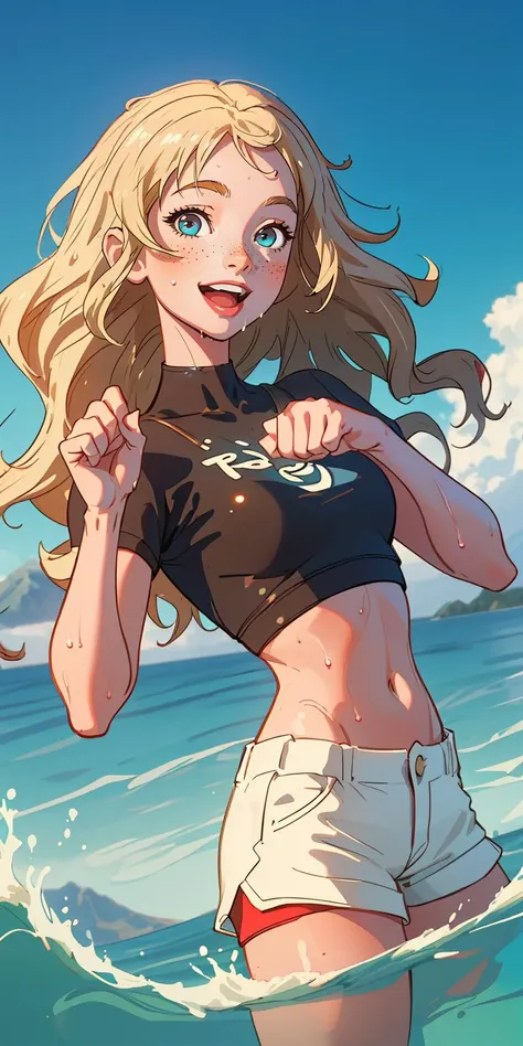 a cartoon girl in a black shirt and white shorts is standing in the water