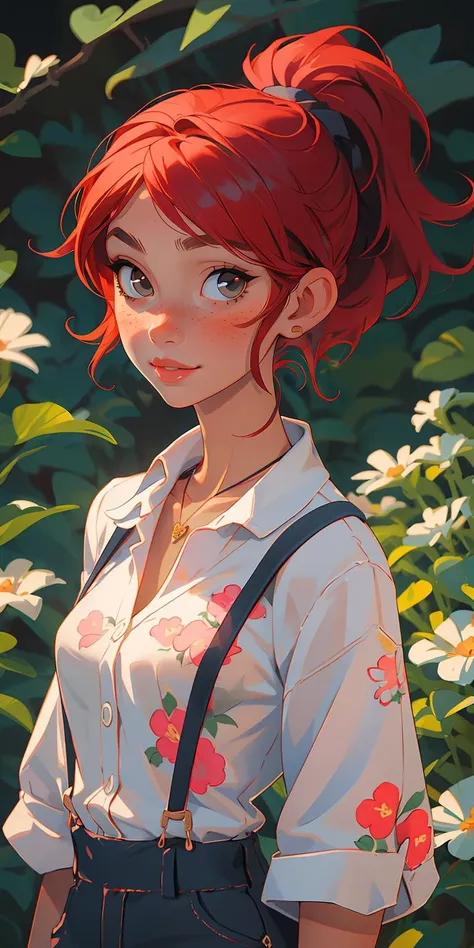 a woman with red hair and suspenders standing in front of flowers