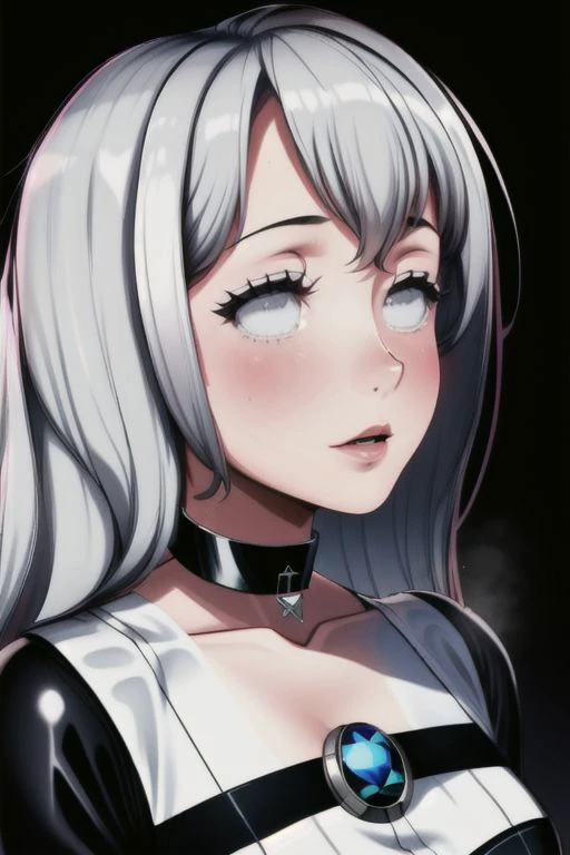 a close up of a woman with white hair and black and white dress