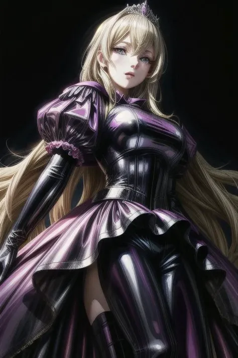 blonde evil corrupted young princess wearing dark pastel (ruffled:1) (gleaming latex:1) gown with (long latex cape:1) and latex elbow bridal gauntlets, (Perfect Face:1), soft lighting, glossy red lips, ruffles