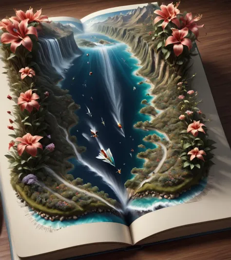 there is a book with a picture of a waterfall and flowers on it