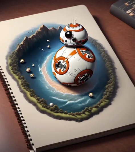 Surrealist art <lora:Book_FFusion:1> <lora:Book_FFusion_32:0.21> <lora:FF-Style-Dall-e-FFusion-Surrealism:0.3> star wars bb-8 on a notebook, 3 d epic illustrations, trend on behance 3 d art, trend on behance 3d art, 3d matte illustration, stylized 3 d grap...