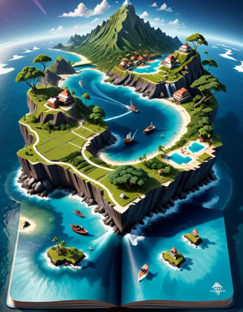 isometric style (Digital Artwork:1.3) of (Ultrarealistic:1.3) <lora:Book_FFusion_32:0.6> a book with a map of an island on it, 3 d epic illustrations, epic matte painting of an island, detailed digital 3d art, realistic fantasy illustration, isometric 3d f...