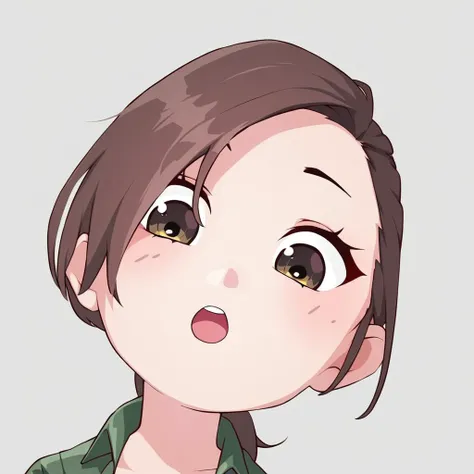 anime girl with brown hair and green shirt looking surprised