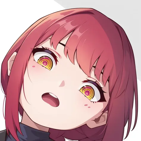 anime girl with red hair and yellow eyes staring at something