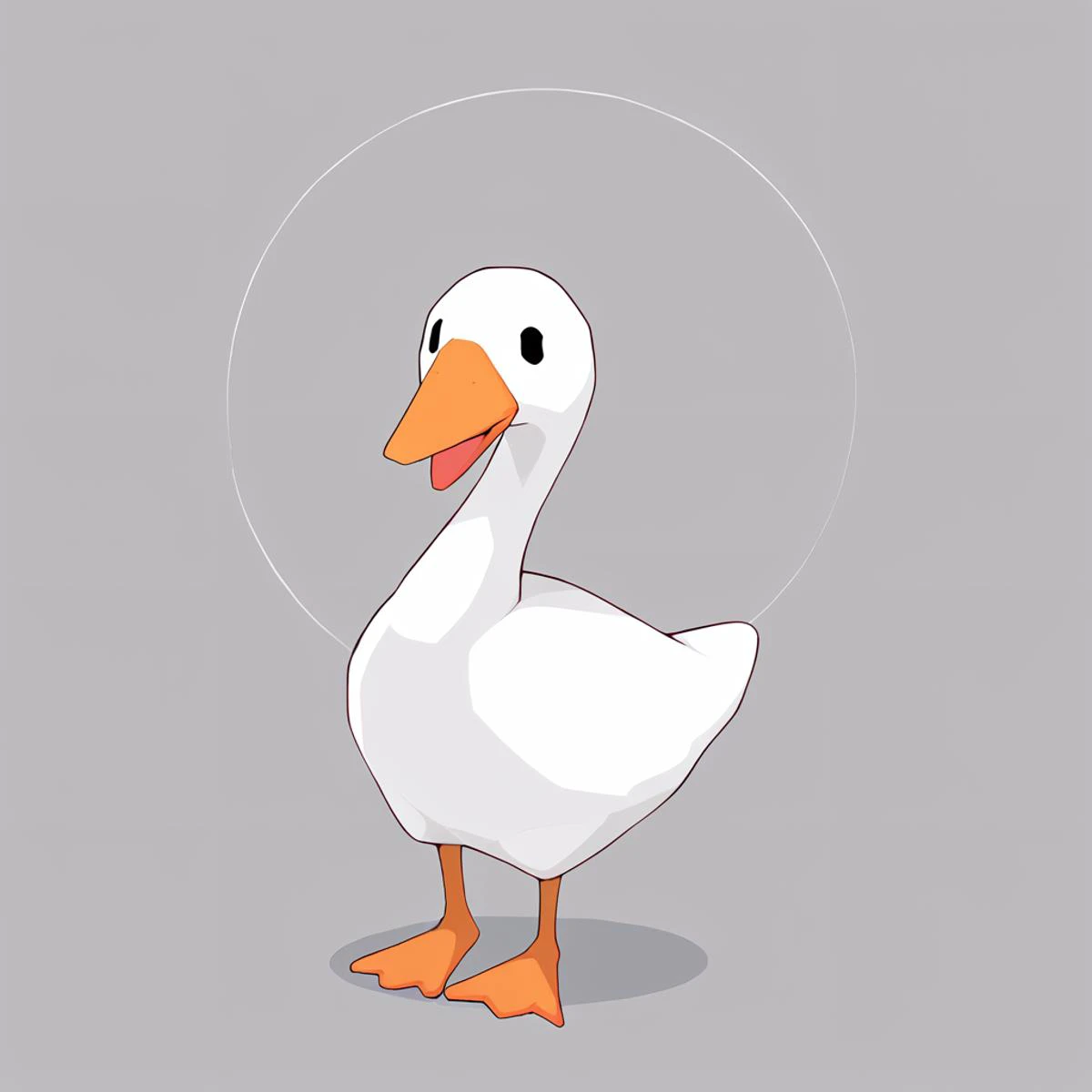 cartoon white duck with orange beak and orange feet standing in front of a gray background