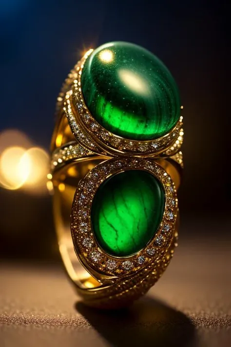 a close up of a ring with a green stone and diamonds