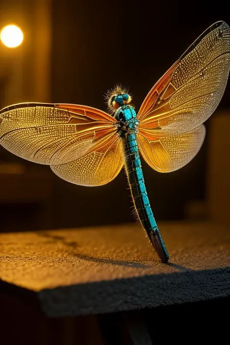 a close up of a dragonfly with a blue and orange wing