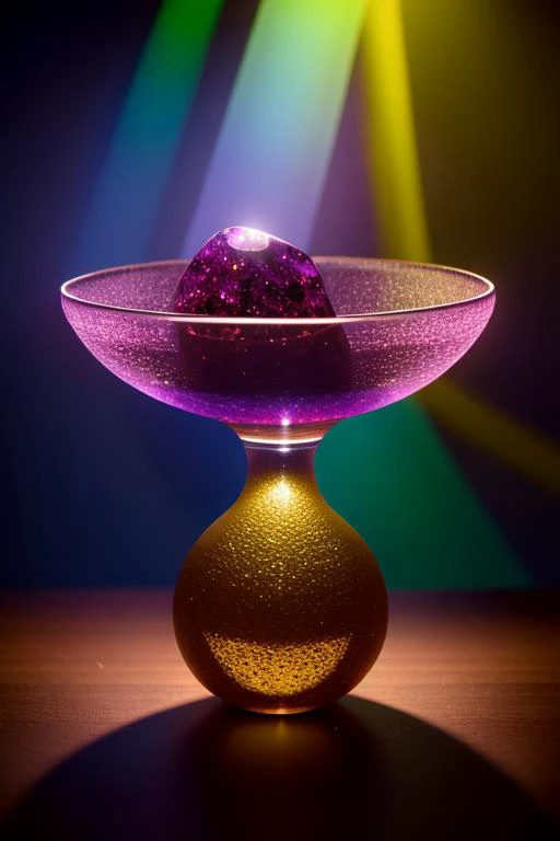 an concept art of alchemic element - Fluorite: A multicolored gemstone with a range of vibrant hues, often found in purple, green, and blue. The subject stands proudly as the center of attention, bathed in the tender glow. The light plays with shadows, cre...