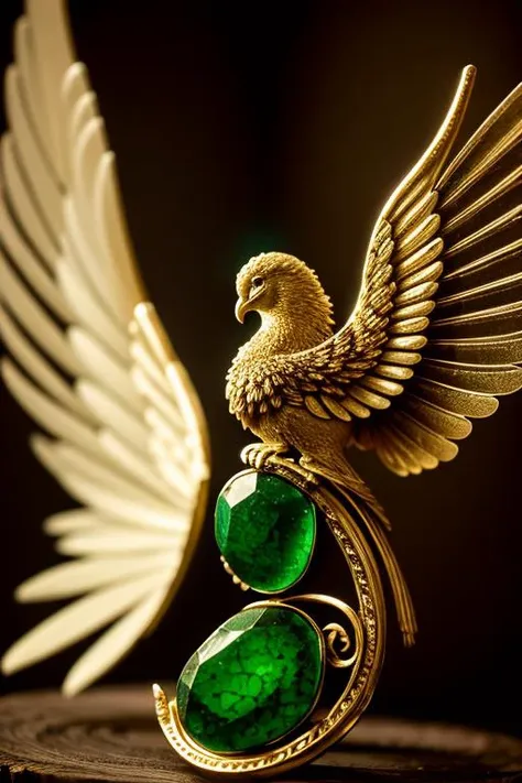 a close up of a bird with a green stone on a table