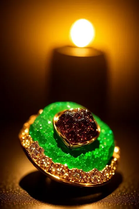 an concept art of alchemic element - Uvarovite Garnet: A rare green gemstone with a vivid emerald-like color, often found in small druzy clusters. The subject stands proudly as the center of attention, bathed in the tender glow. The light plays with shadow...