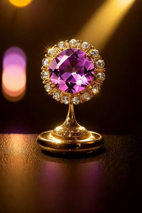 a close up of a purple diamond on a gold stand